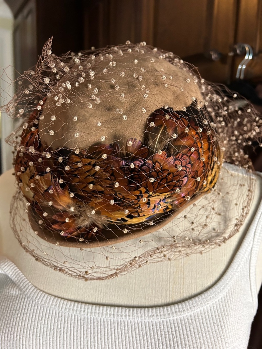 1950’s George Manders Merimac Sz 7 Pheasant Feather Veiled Woman's Hat - Brown